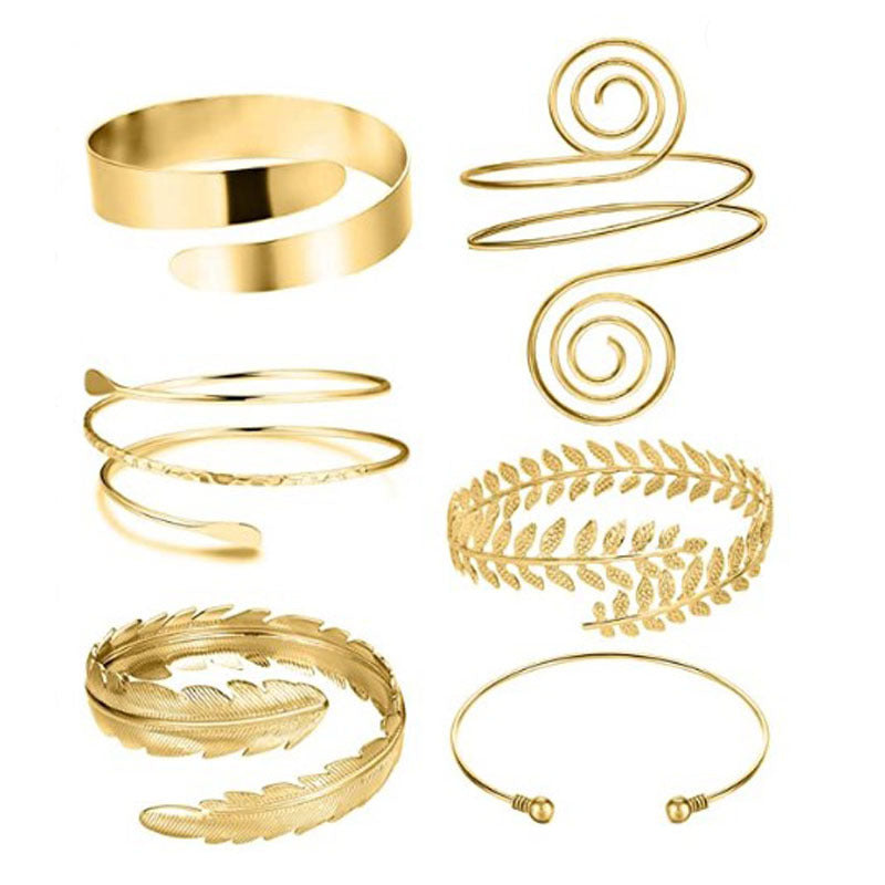 Exaggerated Geometric Leaf Metal Arm Cuff Set Plated Bracelet Jewelry for Women