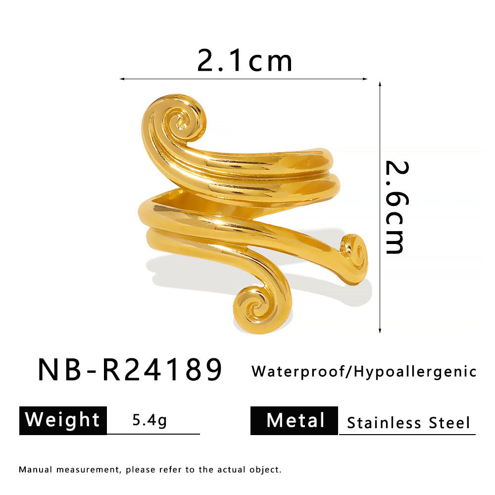 Geometric Asymmetrical Open-End Stainless Steel Ring with Curved Line Design and Plated Finish