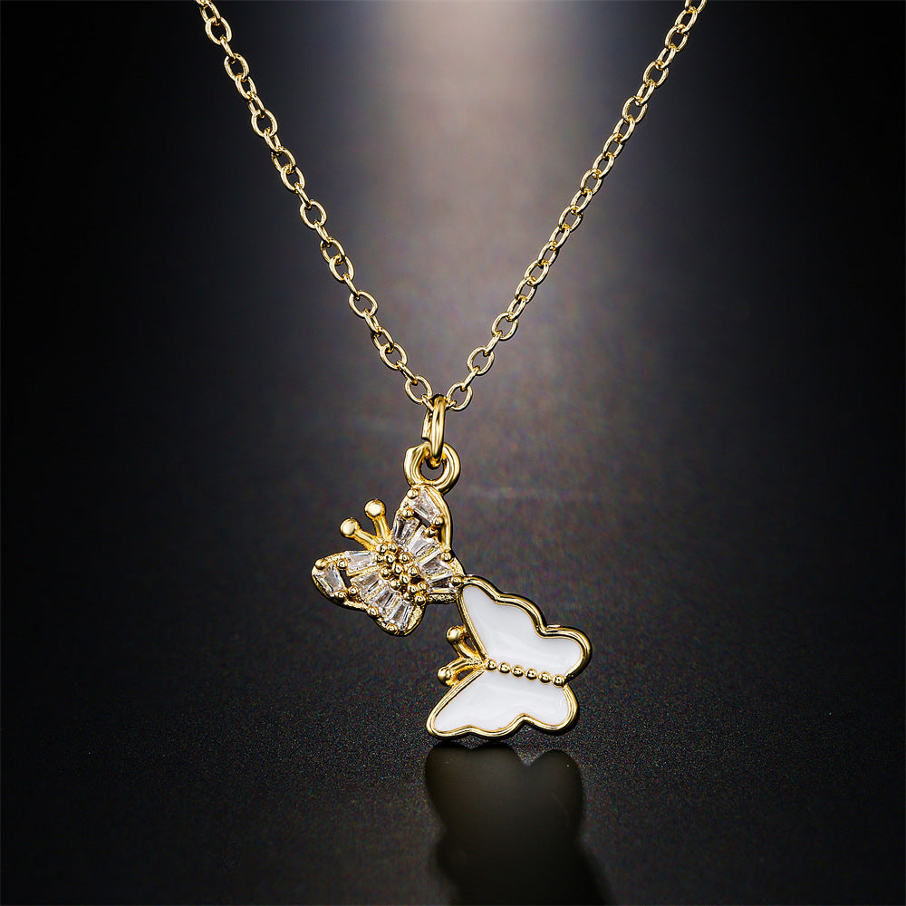 Gold Plated Brass Geometric Butterfly Pendant Necklace with Cubic Zirconia Inlay for Women