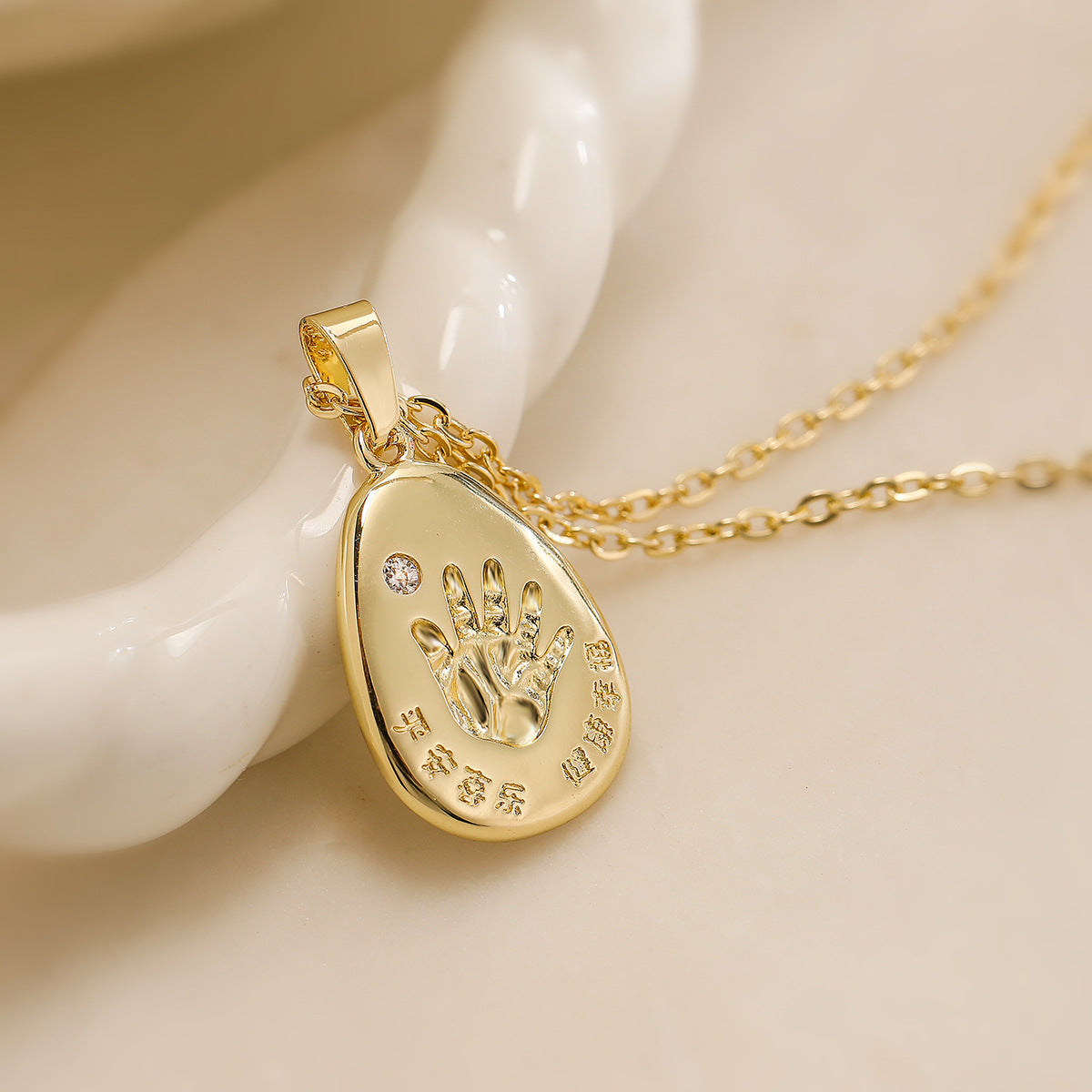 Minimalist Geometric Handprint Pendant Necklace for Women with Copper Base and Real Gold Plating