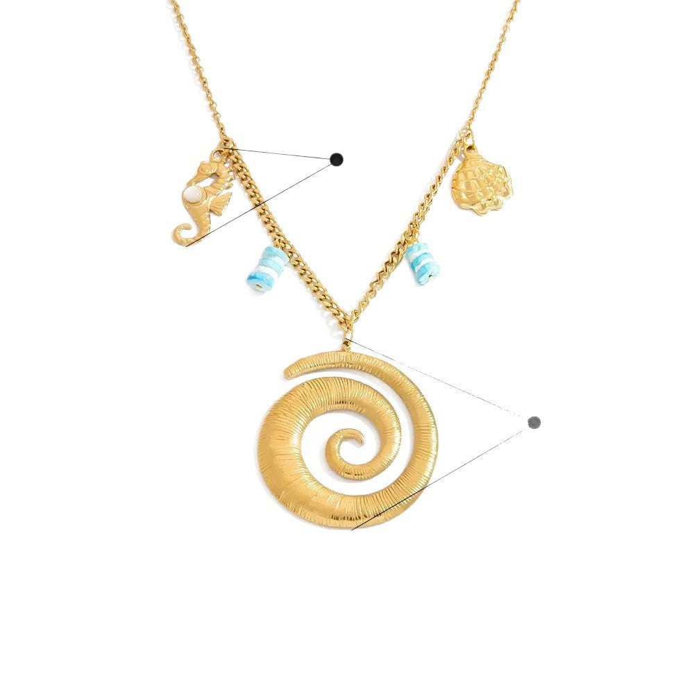 Casual 18K Gold Plated Geometric Stainless Steel Necklace with Rhinestone Shell Pendant for Women