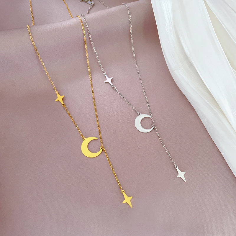 Minimalist Titanium Steel Star and Moon Pendant Necklace with Geometric Flowing Tassels for Women Fashionable Clavicle Chain