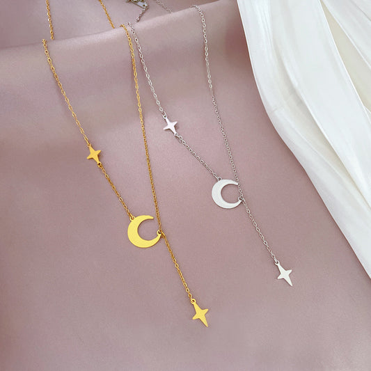 Collar minimalista de acero de titanio con colgante de estrella y luna con borlas geométricas fluidas para mujer, cadena de clavícula de moda