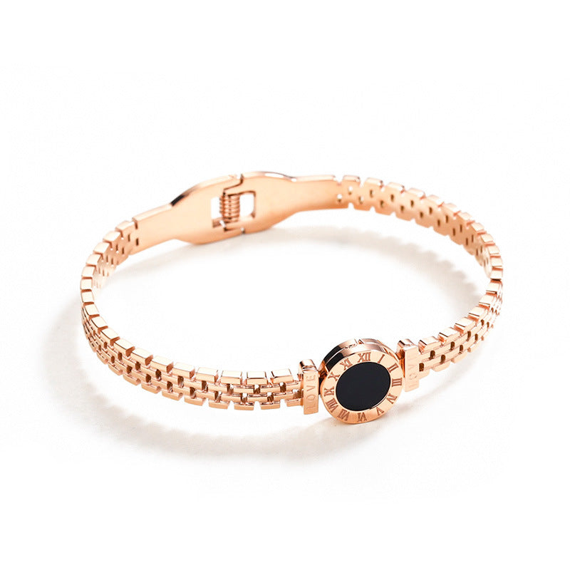 Minimalist 18K Gold Plated Titanium Steel Roman Numeral Watch Style Cuff Bracelet for Women