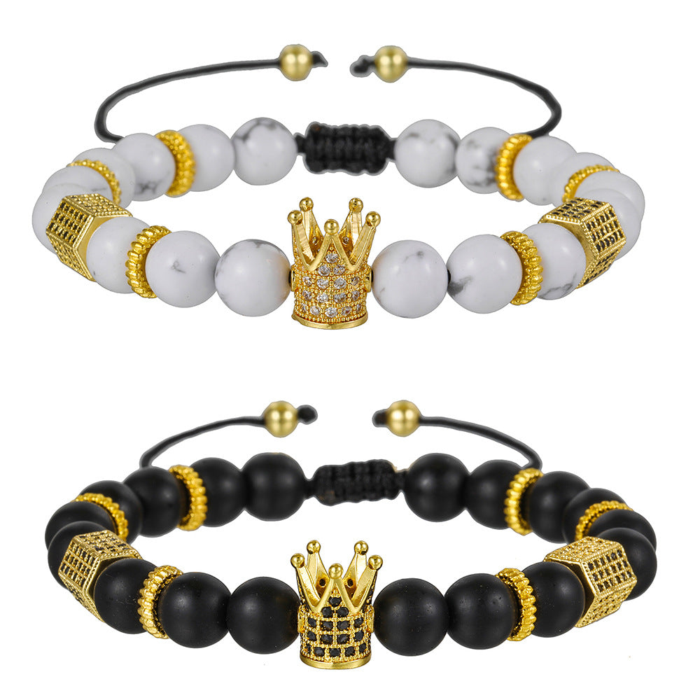8mm Matte Black Turquoise Cubic Zirconia Crown Bracelet Adjustable Unisex Brass Jewelry