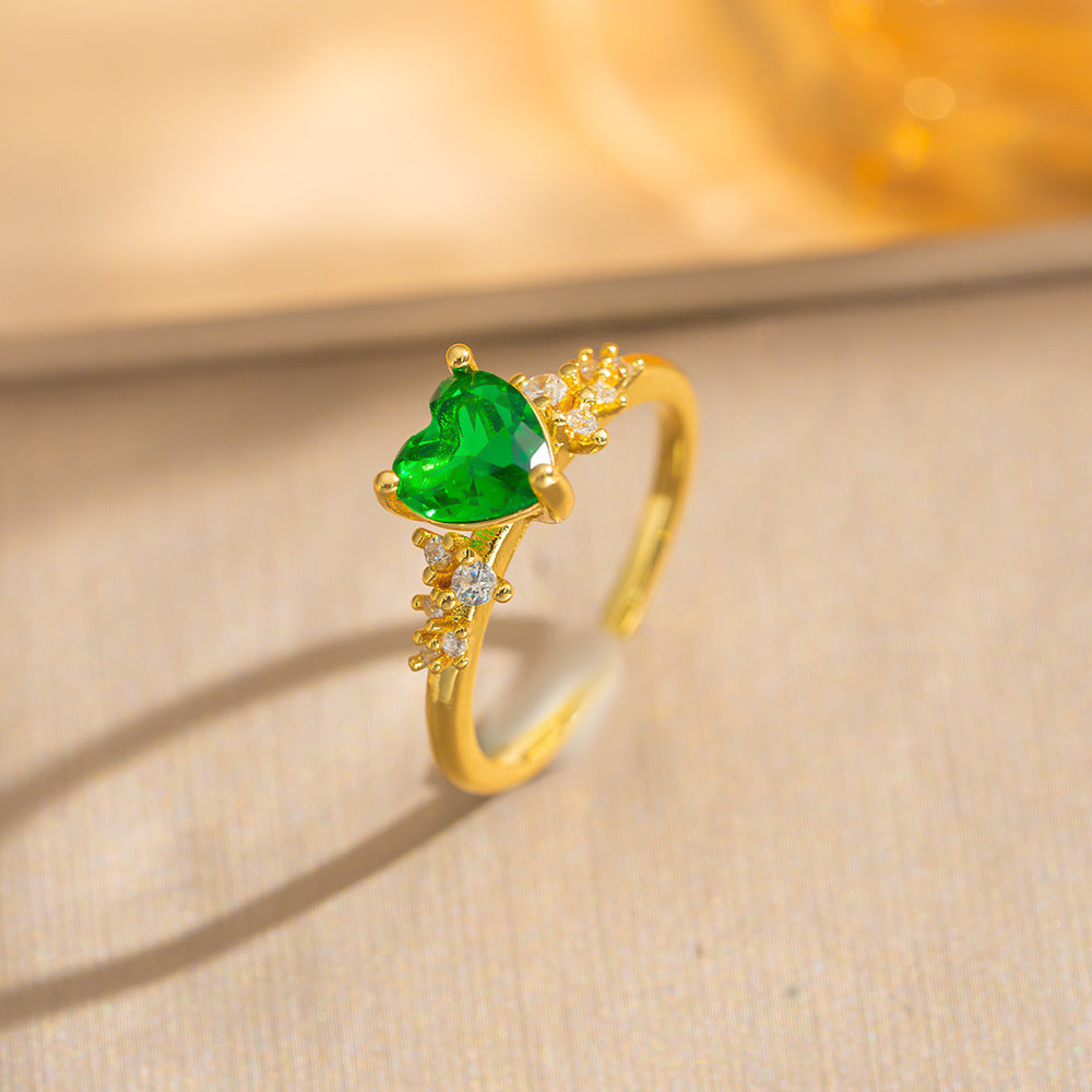 Luxury Minimalist Adjustable Open Ring for Women with Gold-Plated Copper Band and Zircon Stone Accent in Heart and Floral Shape