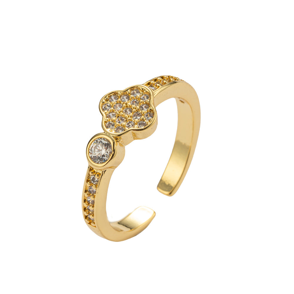 Luxury Minimalist Four-Leaf Clover Ring for Women in Brass with 18K Gold Plating and Adjustable Open Band