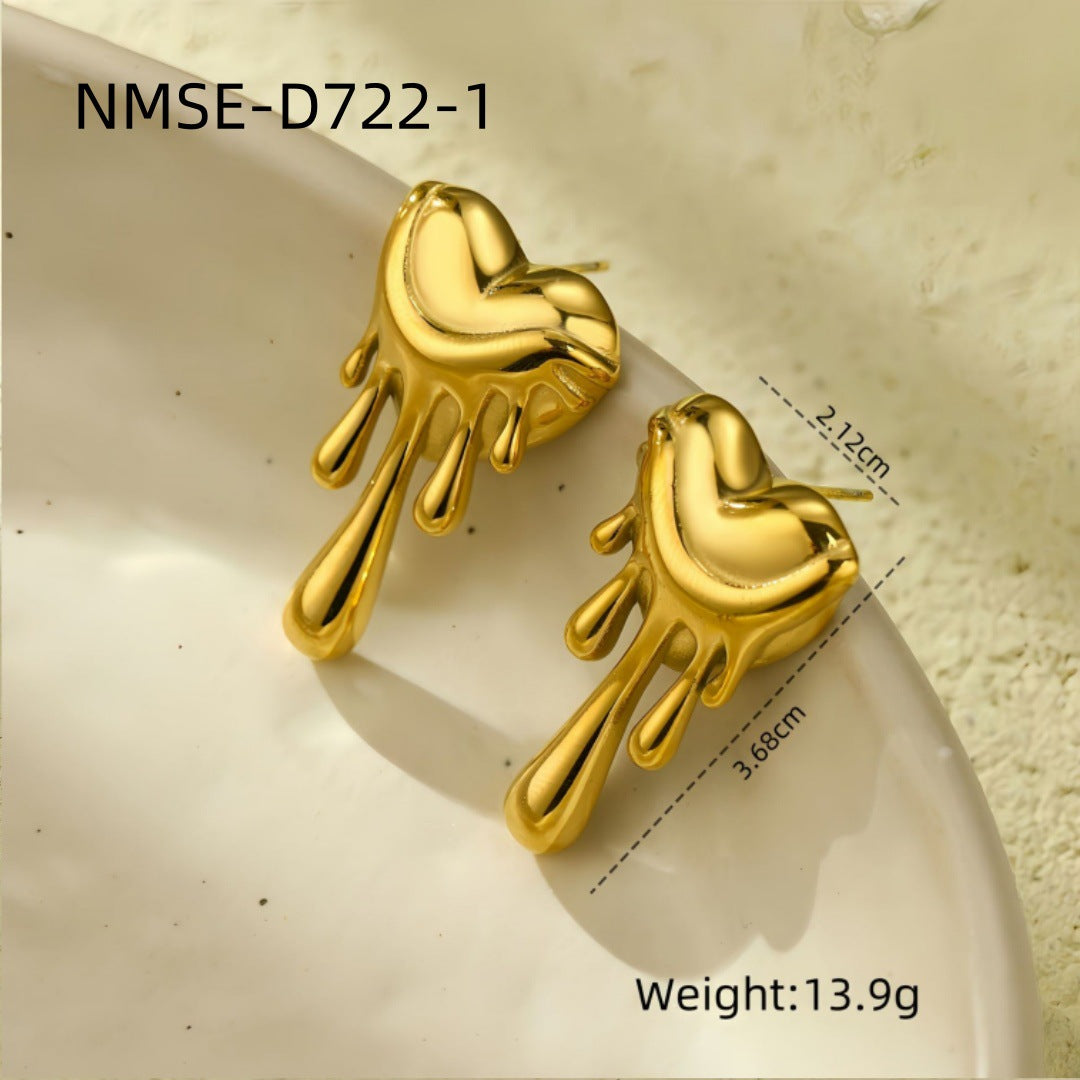 Luxury Style Heart and Teardrop Shaped Titanium Steel Earrings with Rhinestone Inlay and Plated Finish