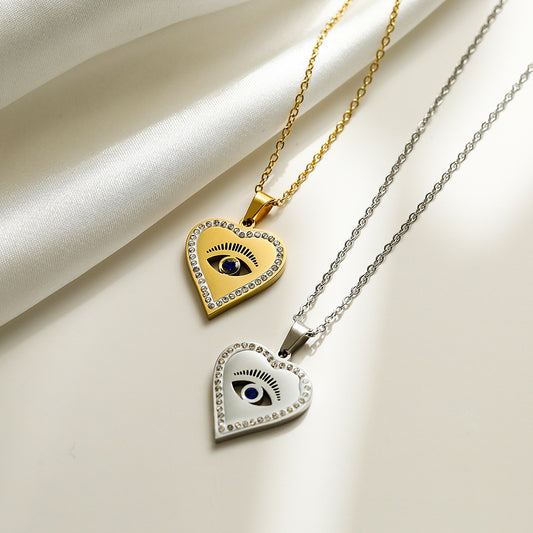 Minimalist Evil Eye Pendant Necklace for Women in Titanium Steel with Geometric Design and Heart Charm
