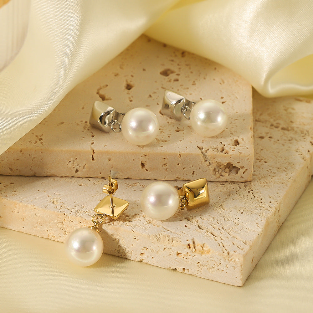Geometric Rhombus Pearl Earrings in Stainless Steel with 18K Gold Vacuum Plating for Women