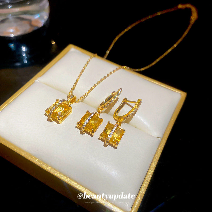 Set collana e orecchini da donna in rame intarsiato con zirconi quadrati, stile vintage elegante