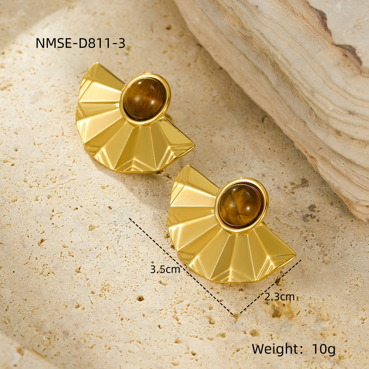 Pendientes de tuerca de acero inoxidable semircirculares con forma de abanico, minimalistas de lujo, con incrustaciones de piedra natural y acabado chapado