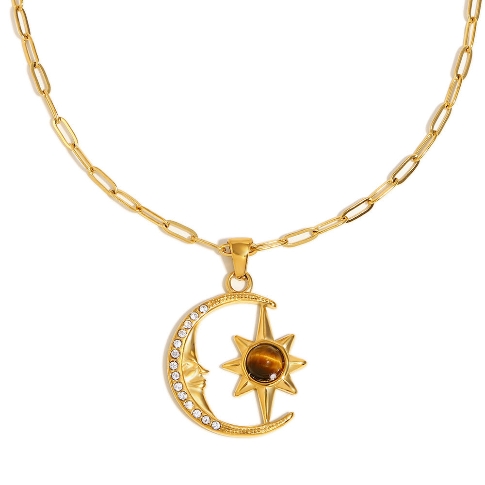 Collana con Ciondolo Vintage Stella e Luna da Donna in Acciaio Inossidabile con Placcatura in Oro 18K Design Celestiale Minimalista