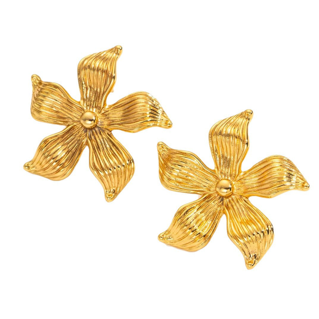 Luxury Floral Stainless Steel Stud Earrings with Pearl Inlay for Women