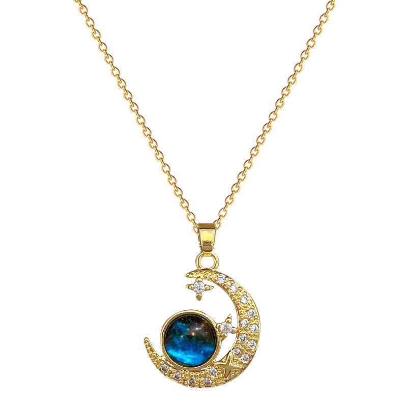 Collana con ciondolo a luna geometrica di lusso per donna e uomo in acciaio al titanio con intarsio di strass