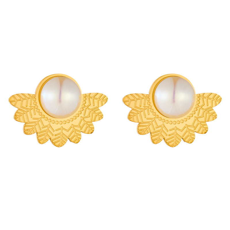 Pendientes de perlas para mujer con forma de pluma de acero inoxidable chapado en oro, estilo vintage y a la moda