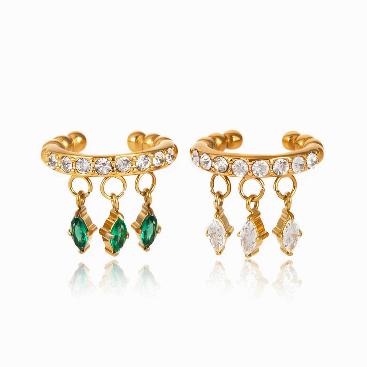 Elegant Green Cubic Zirconia Geometric Square Plated Stainless Steel Tassel Clip-on Earrings for Women
