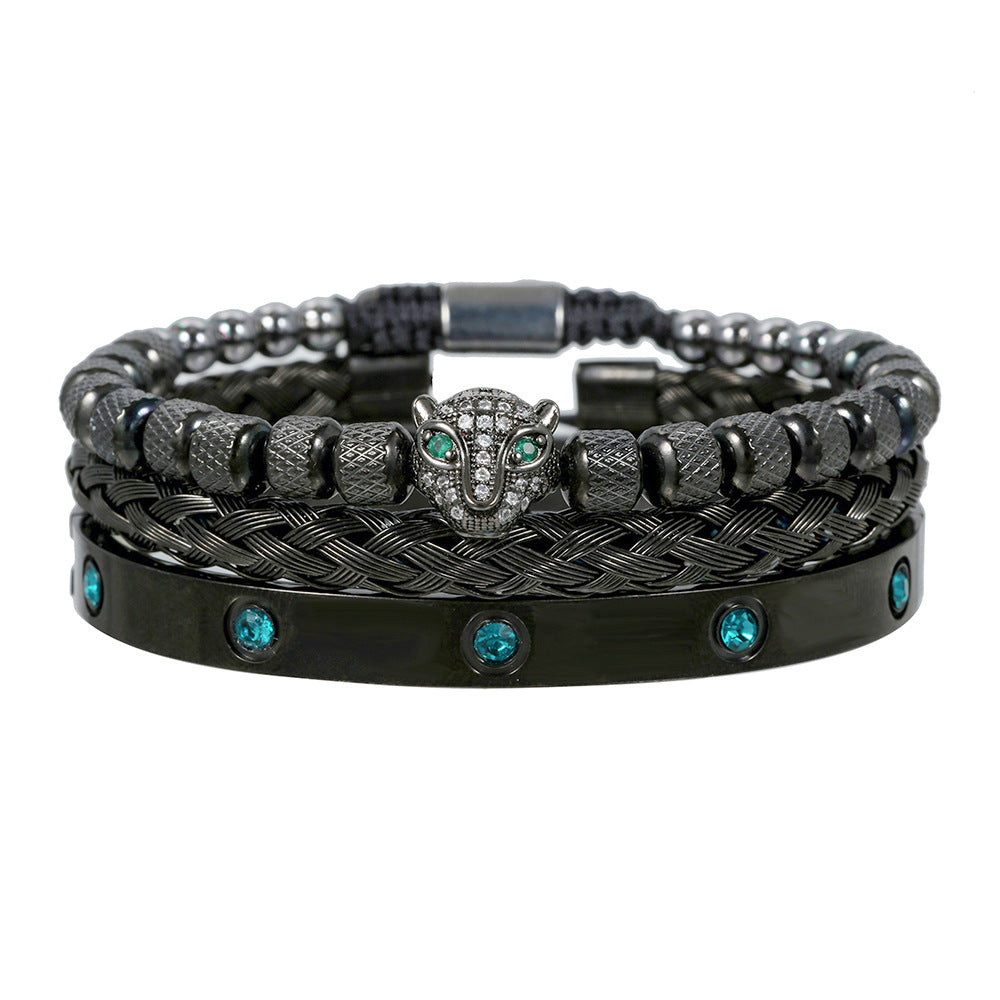 Vintage Geometric Leopard Head Micro-inlaid Cubic Zirconia Woven Stainless Steel Bracelet Set