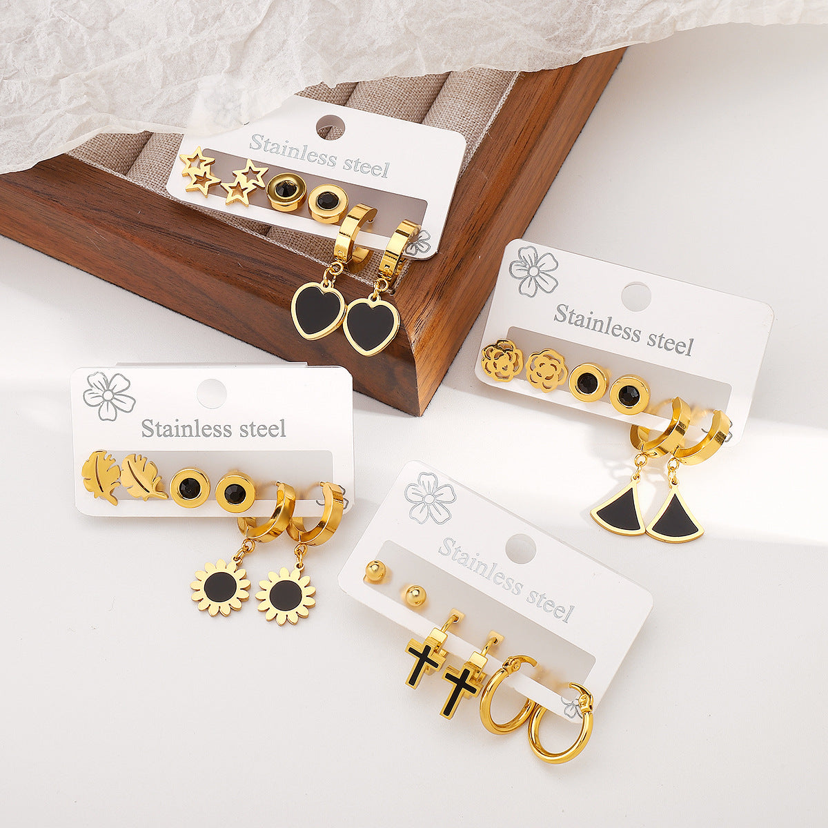 Minimalist Luxury Stainless Steel Geometric and Floral Stud Earrings with Enamel Finish for Women