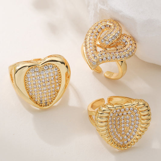 Minimalist Vintage 18K Gold Plated Brass Heart Ring with Cubic Zirconia for Women