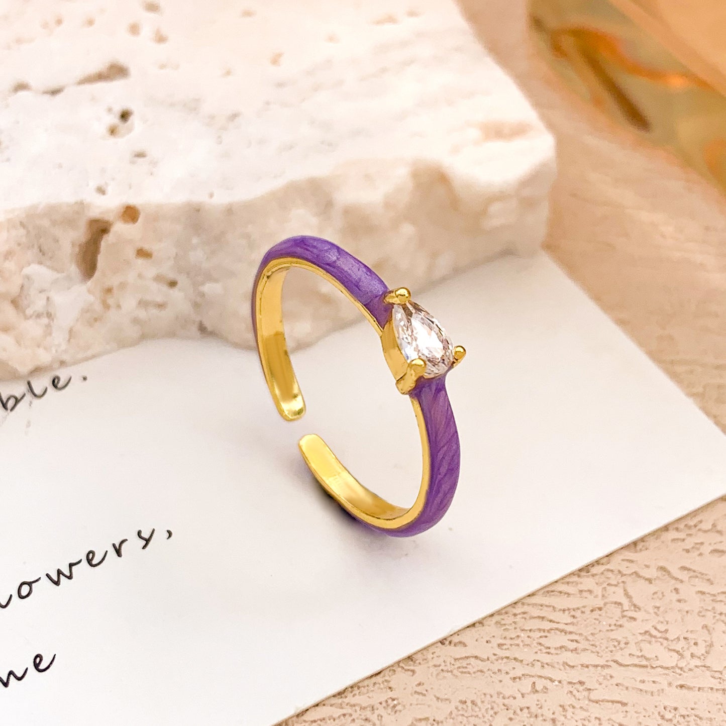 Anillo de circonita cúbica con forma de lágrima, ovalado, redondo, de lunares, geométrico, minimalista, de aleación chapada en oro para mujer