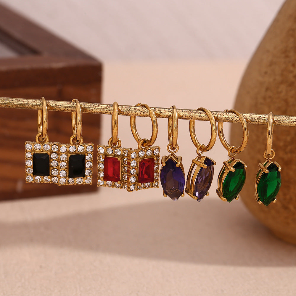 Fashionable Geometric Stainless Steel Earrings with 18K Gold Plating and Micro-Paved Colored Zircon for Women