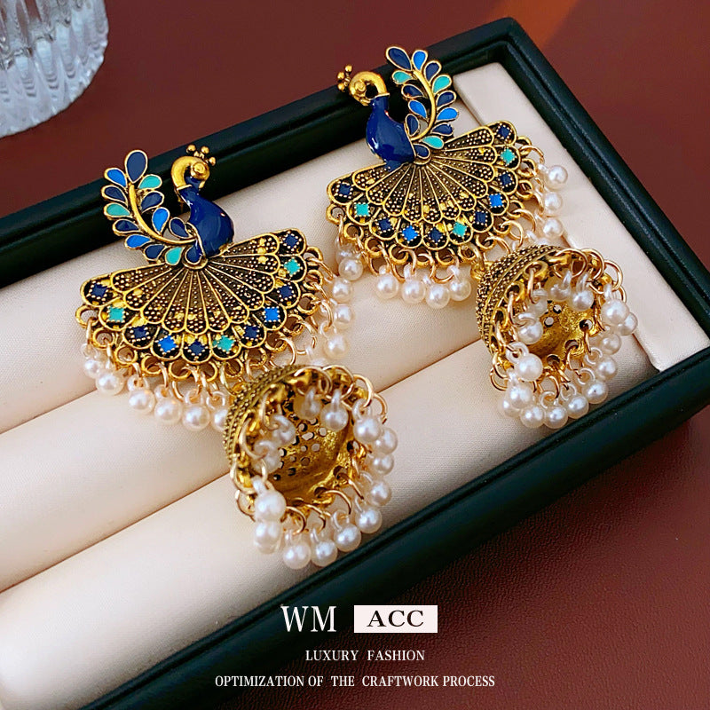 Pendientes colgantes geométricos de inspiración étnica vintage con acabado esmaltado y flecos para mujer