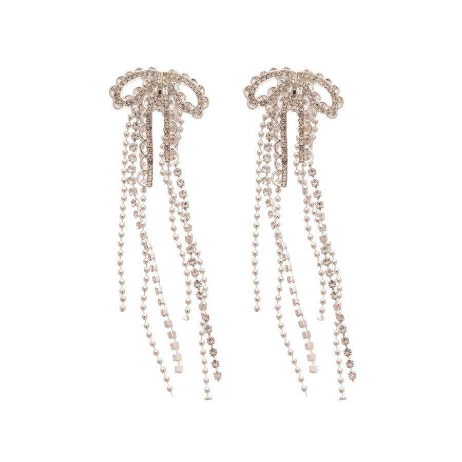 Orecchini a fiocco eleganti in lega con intarsi di strass e perni in argento sterling 925 da donna — Gioielli di lusso minimalisti