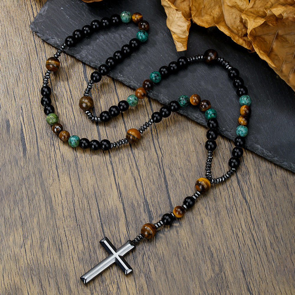 Men's Cross Pendant Necklace with Stone Beads and Alloy Cross Charm