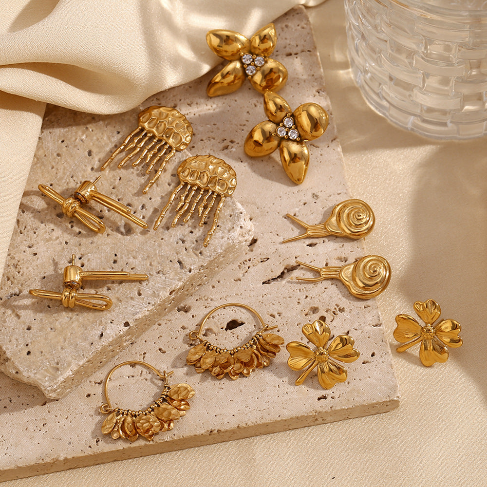 Vintage-Inspired Floral Snail Pendant Earrings in Stainless Steel with 18K Gold Plating for Women