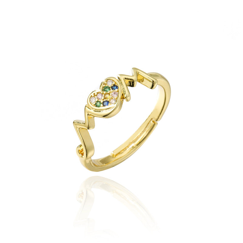 Sweet 18K Gold Plated Geometric Heart Micro-inlaid Brass Ring for Women