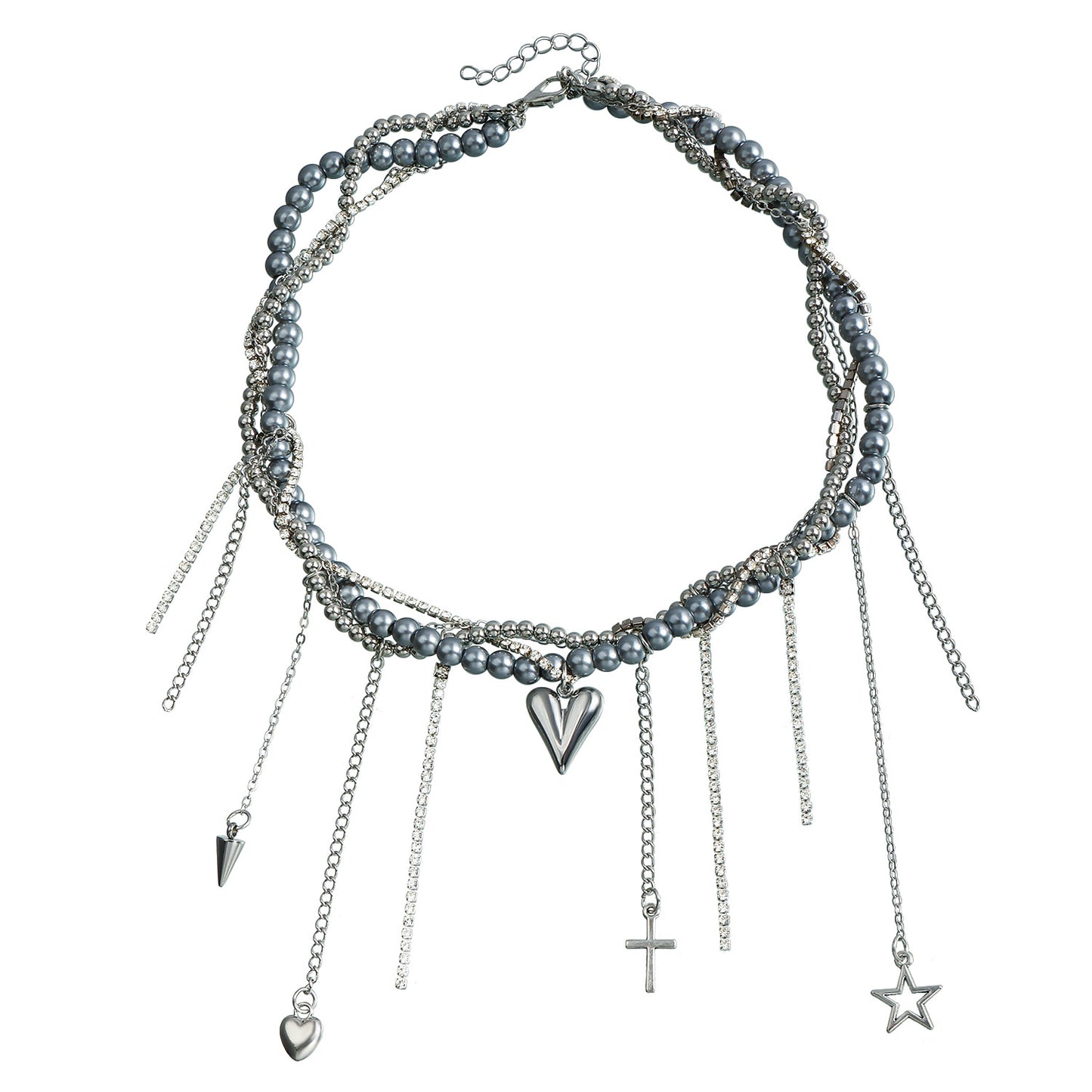 Sweet and Edgy Heart-Shaped Alloy Pendant Necklace with Crystal Fringe and Cross Charm, Y2K-Inspired Layered Clavicle Chain