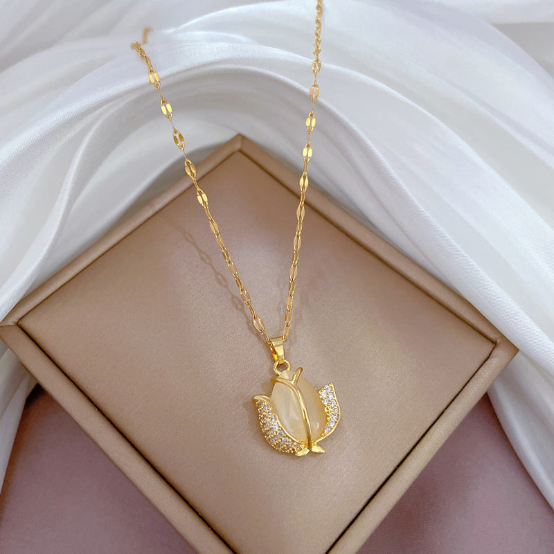 Cartoon Style Tulip-Shaped Titanium Steel Necklace with Genuine Gold Inlay for Women