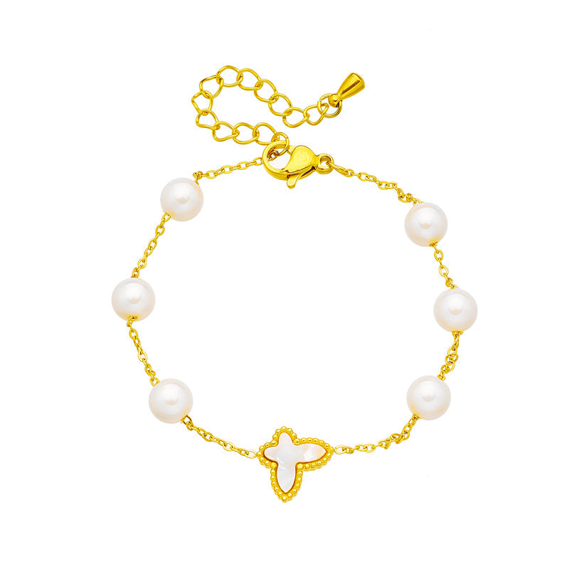 Elegante Bracciale Rotondo Minimalista con Perle e Farfalle in Acciaio al Titanio Placcato per Donne