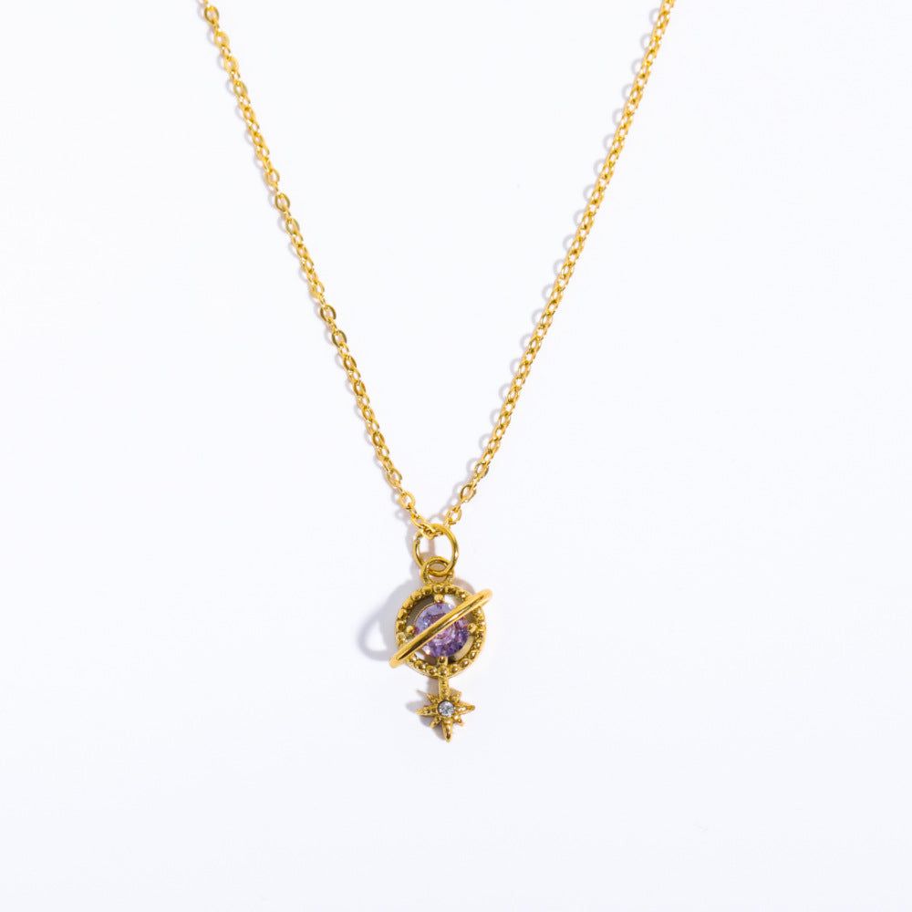 Collana Pendente Stella Saturno Geometrico Vintage, Acciaio Inossidabile Placcato Oro 18K con Intarsio di Strass, Gioielli da Donna