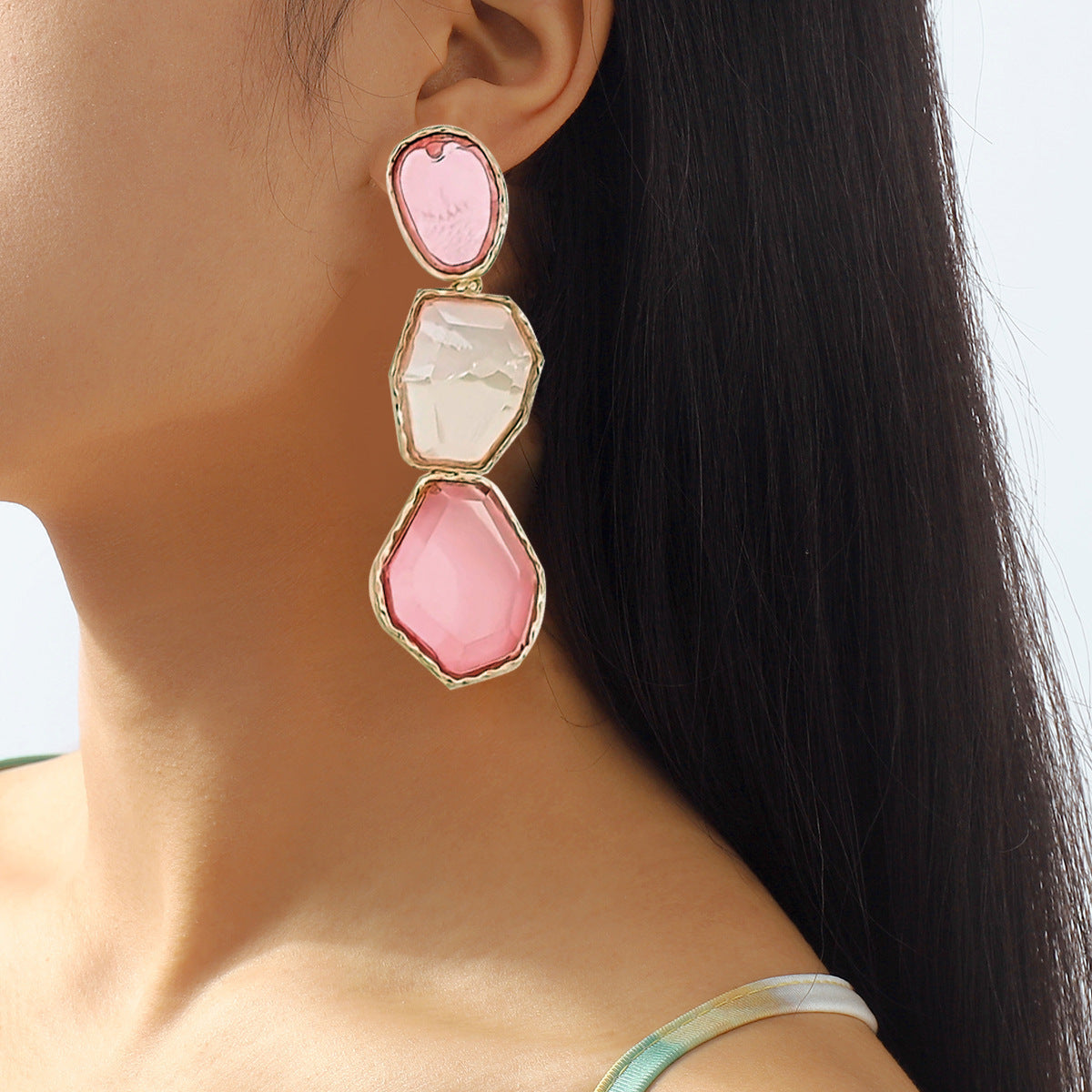 Orecchini Lunghi da Donna Minimalisti, Irregolari, Geometrici, con Cristalli, in Rame e Perno in Acciaio Inossidabile