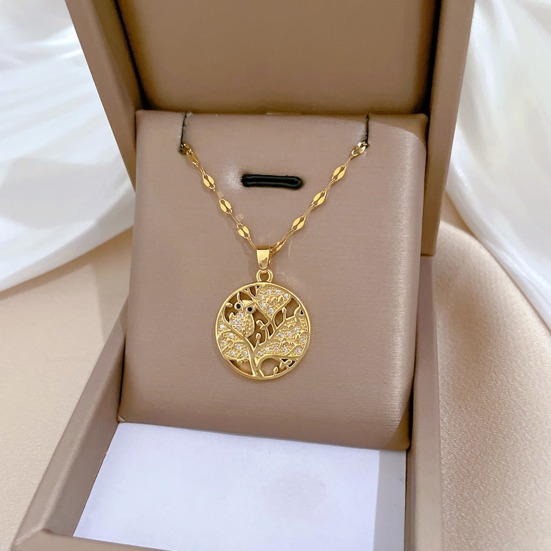 Collana con ciondolo a foglia gufo minimalista per donne e uomini, in acciaio inossidabile, delicata catena clavicola con accenti di strass