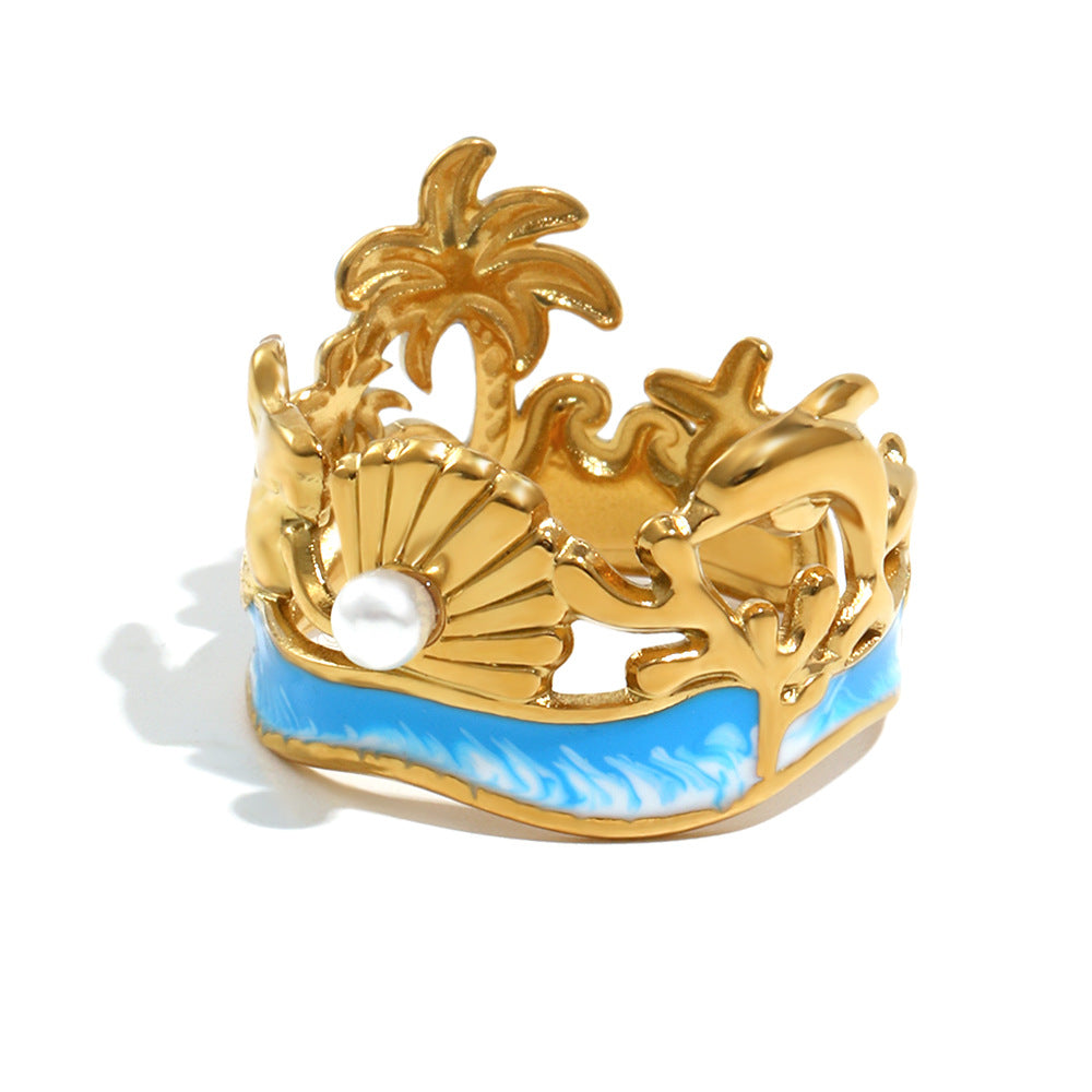 Minimalist Vacation-Style Stainless Steel Plated 18K Gold Starfish and Scallop Open Ring with Line Design