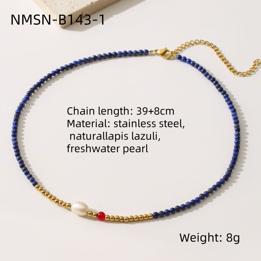 Minimalist Fashionable Natural Lapis Lazuli and Freshwater Pearl Beaded Necklace for Women with Geometric Round Bead Chain