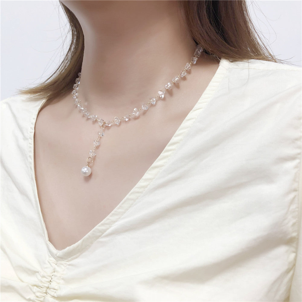 Sweet Geometric Crystal Pearl Pendant Alloy Necklace for Women with Cable Chain