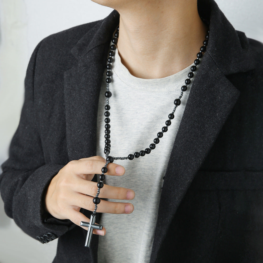 Geometric Cross Tiger's Eye and Black Agate Inlay Alloy Pendant Ball Chain Necklace for Men and Women