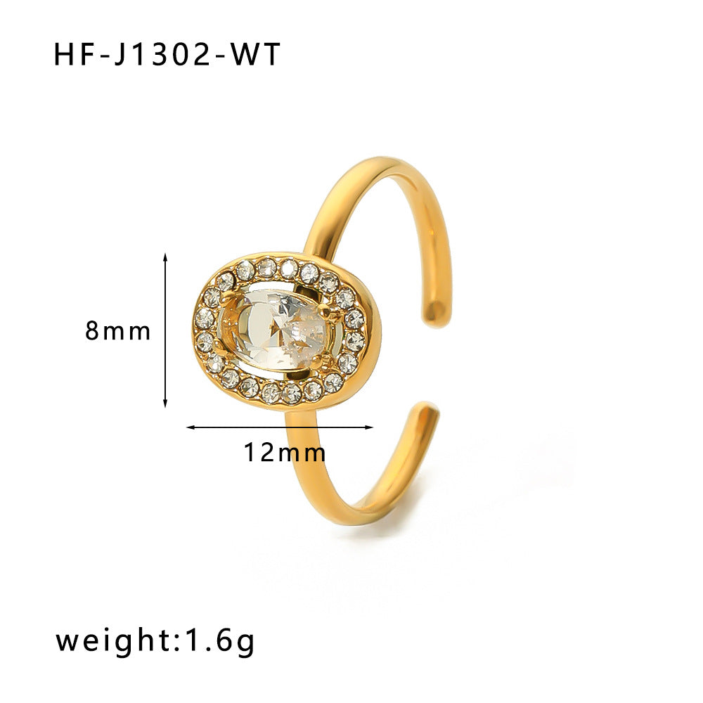 Vintage Stainless Steel Heart-Shaped Geometric Ring with Zircon Inlay and 18K Vacuum Plating for Women