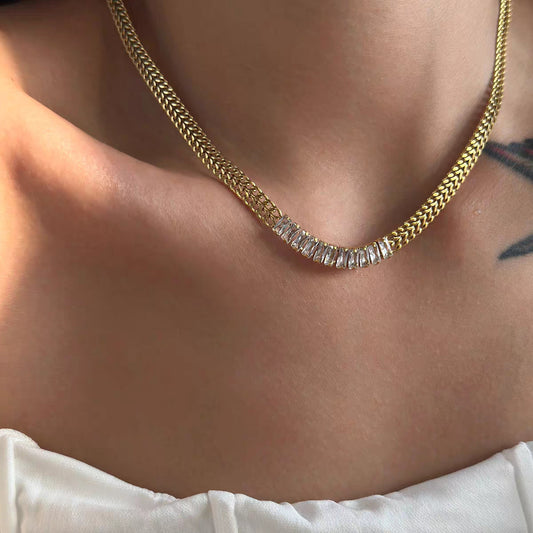 Minimalist U-Shaped Titanium Steel Cuban Chain Necklace with Zircon Inlay Pendant