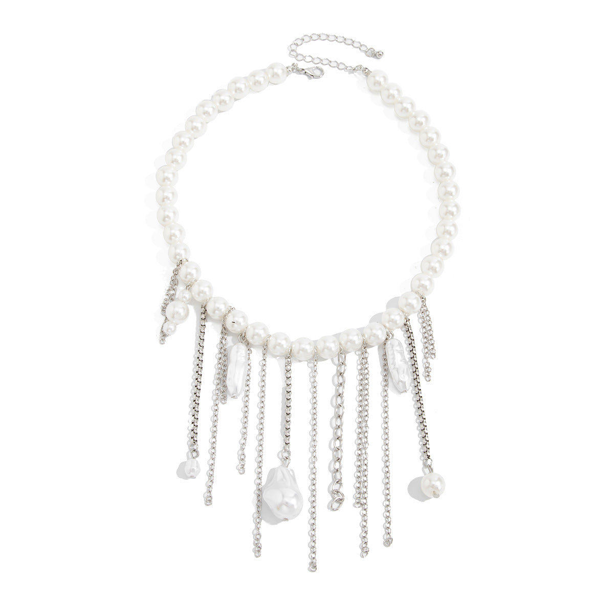 Sweet Geometric Baroque Pearl Tassel Pendant Necklace Multi-layer Ball Chain for Women