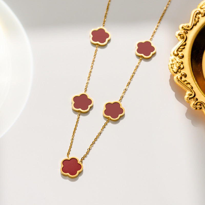 Luxury Minimalist Floral Five-Petal Pendant Necklace Set with Titanium Steel Chain and Mother-of-Pearl Inlay for Women
