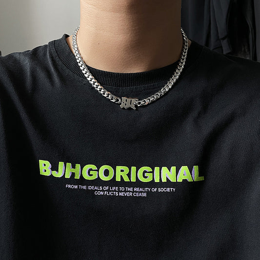 Punk Gothic Minimalist Geometric Titanium Steel Polished Cuban Chain Necklace for Unisex with Letter Accent