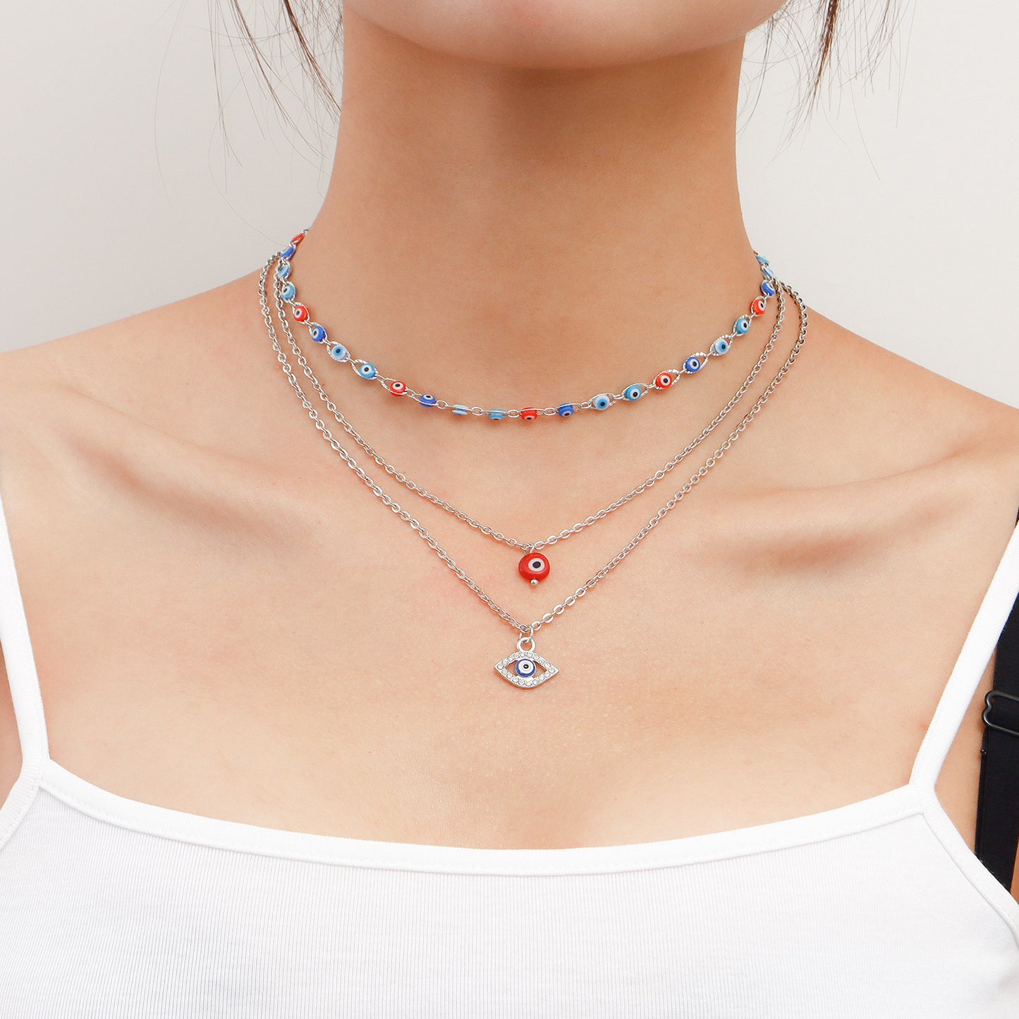 Fashionable Geometric Evil Eye Pendant Necklace for Women Alloy Plated Lightweight Luxury Layered Necklace