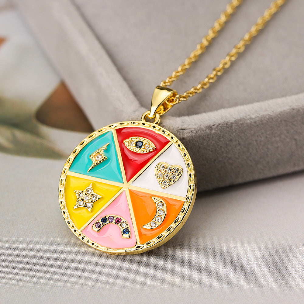 Bohemian Style Geometric Copper Pendant Necklace with Enamel Finish, Zircon-Set Eye and Star-Moon Motif