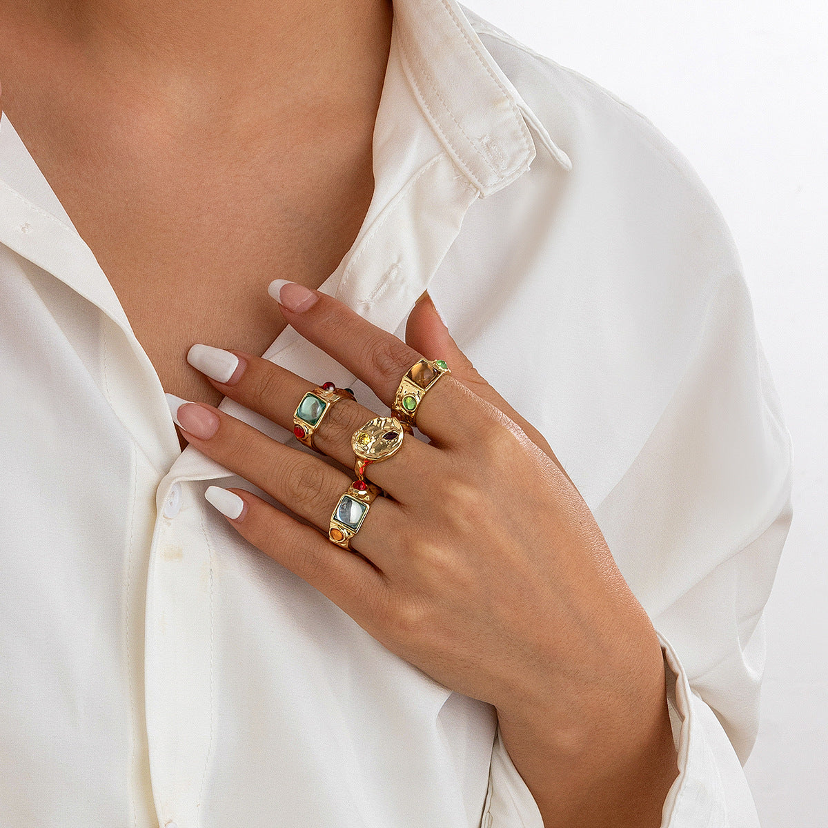 Elegant Geometric Alloy Ring with Colorful Gemstone Inlay Plated Finish for Women