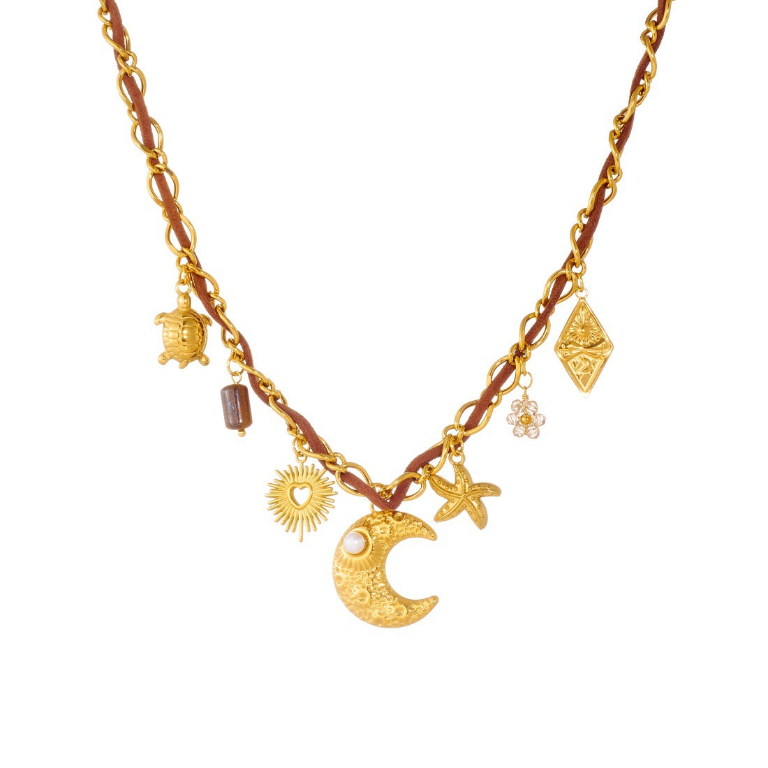 Vintage Elegant Gold Plated Stainless Steel Heart Star Moon Square Geometric Relief Cable Chain Necklace